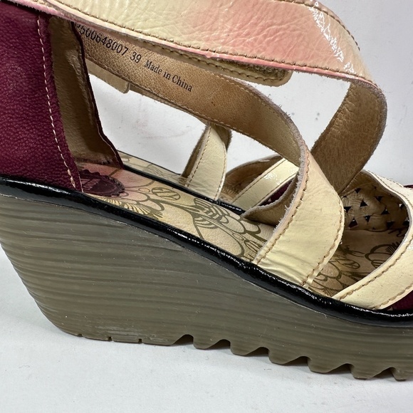 Fly London Ydel Platform Wedge Sandals Women's 39 Burgundy Ankle Strap Heels - Picture 4 of 13